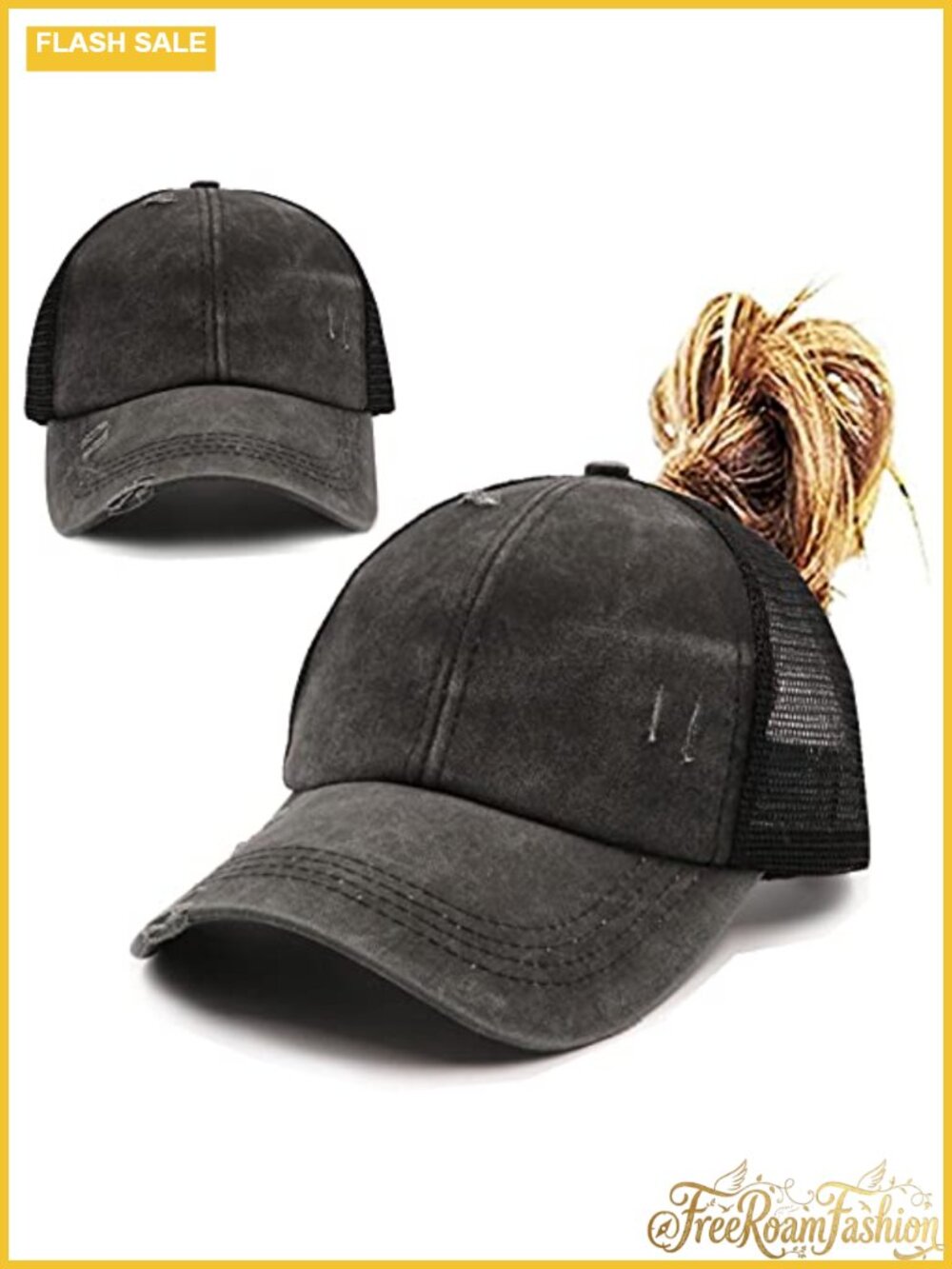 Womens High Ponytail Messy Bun Baseball Cap Distressed Cotton Hat